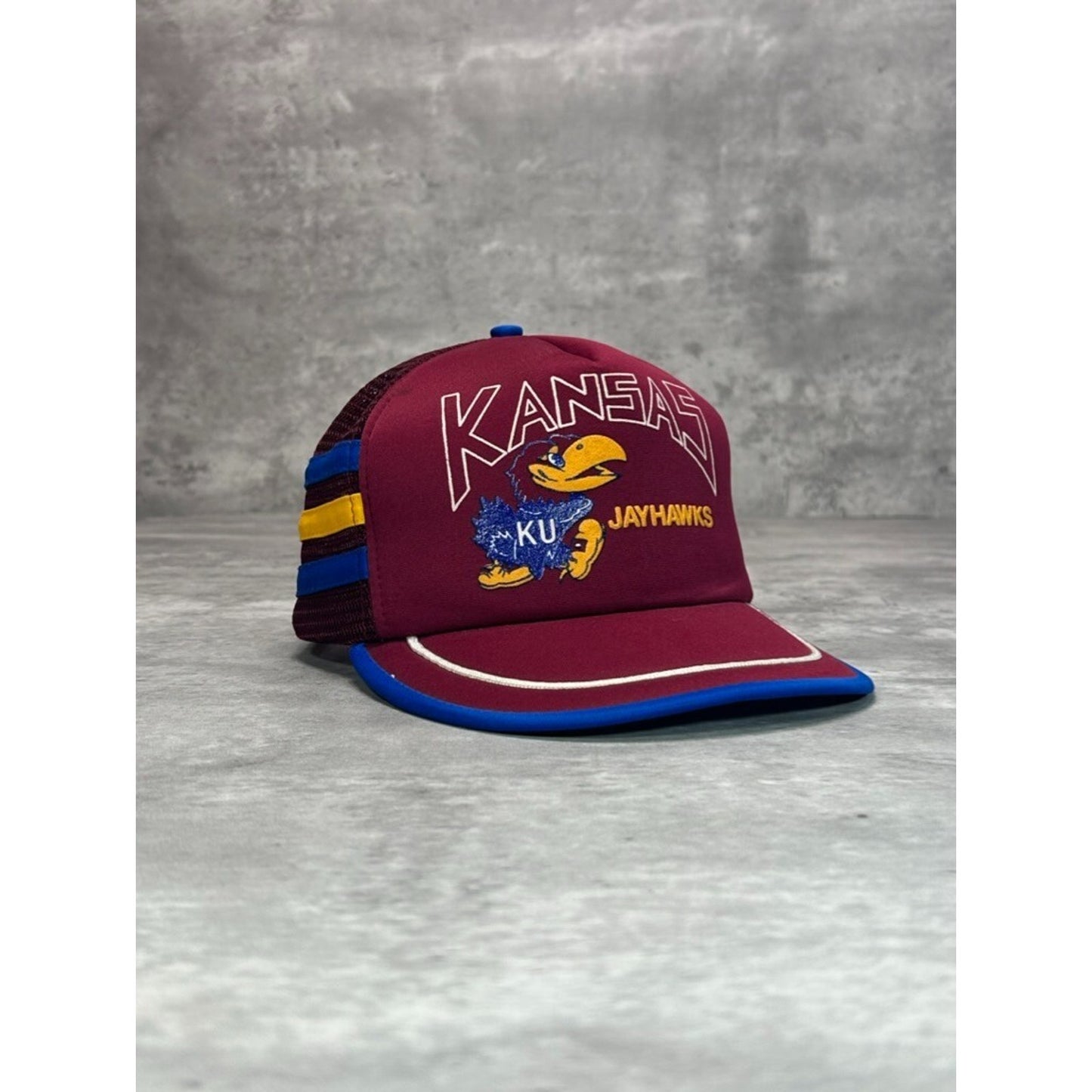Vintage 80s Kansas Jayhawks NCAA Three Stripe Trucker Snapback Hat OSFA