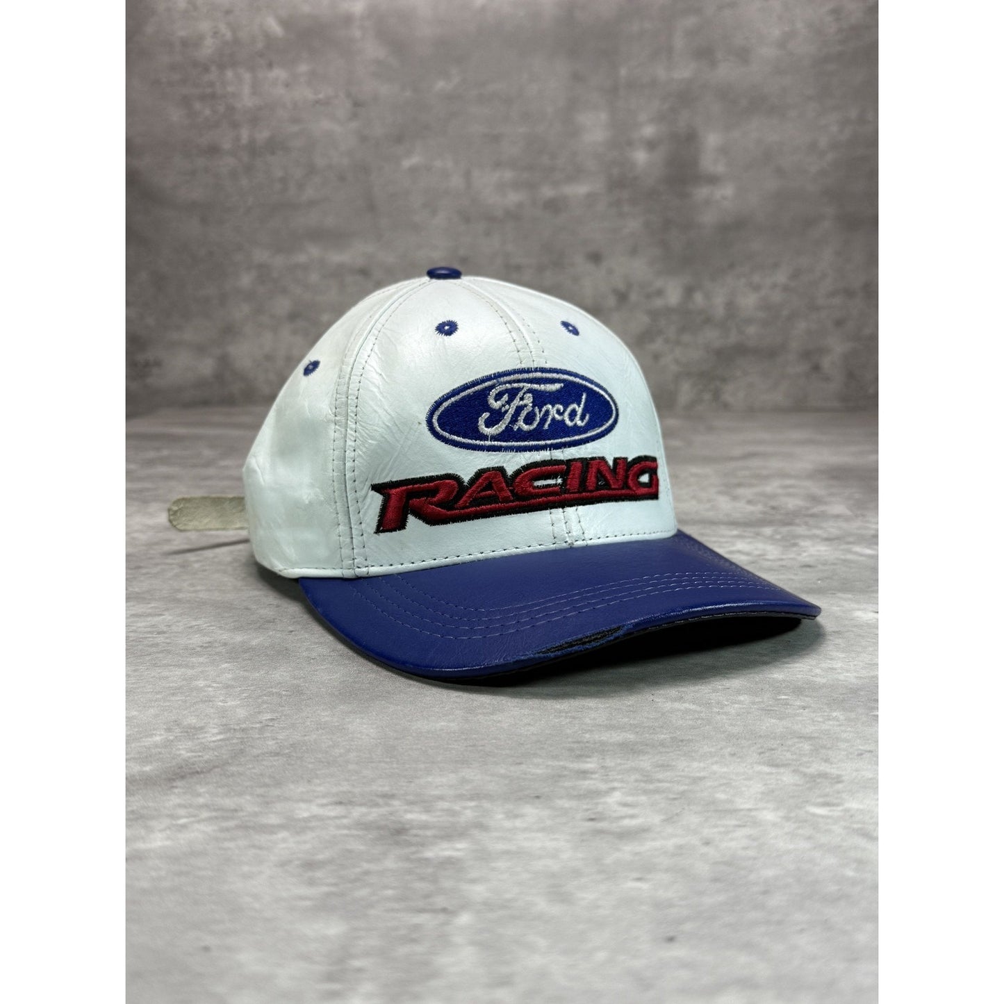 Vintage 90s Ford Racing Embroidered Spellout Leather Strapback Hat OSFA