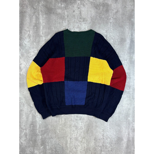 Vintage Nautica Embroidered Crest Panelled Ribbed Knit Sweater Size XL