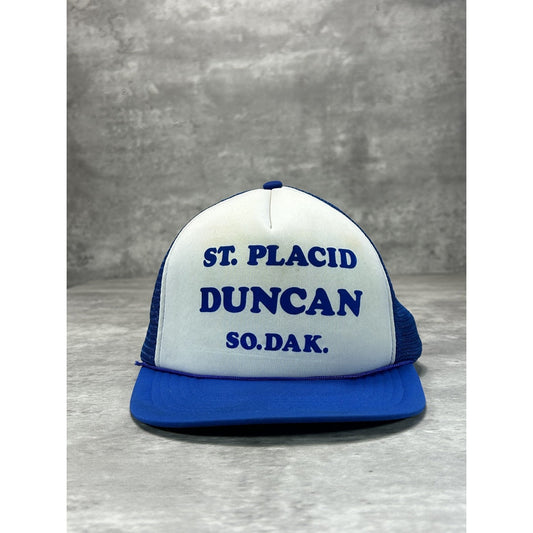 Vintage 80s St placid Duncan So.Dak. Graphic Spellout Trucker Snapback Hat OSFA