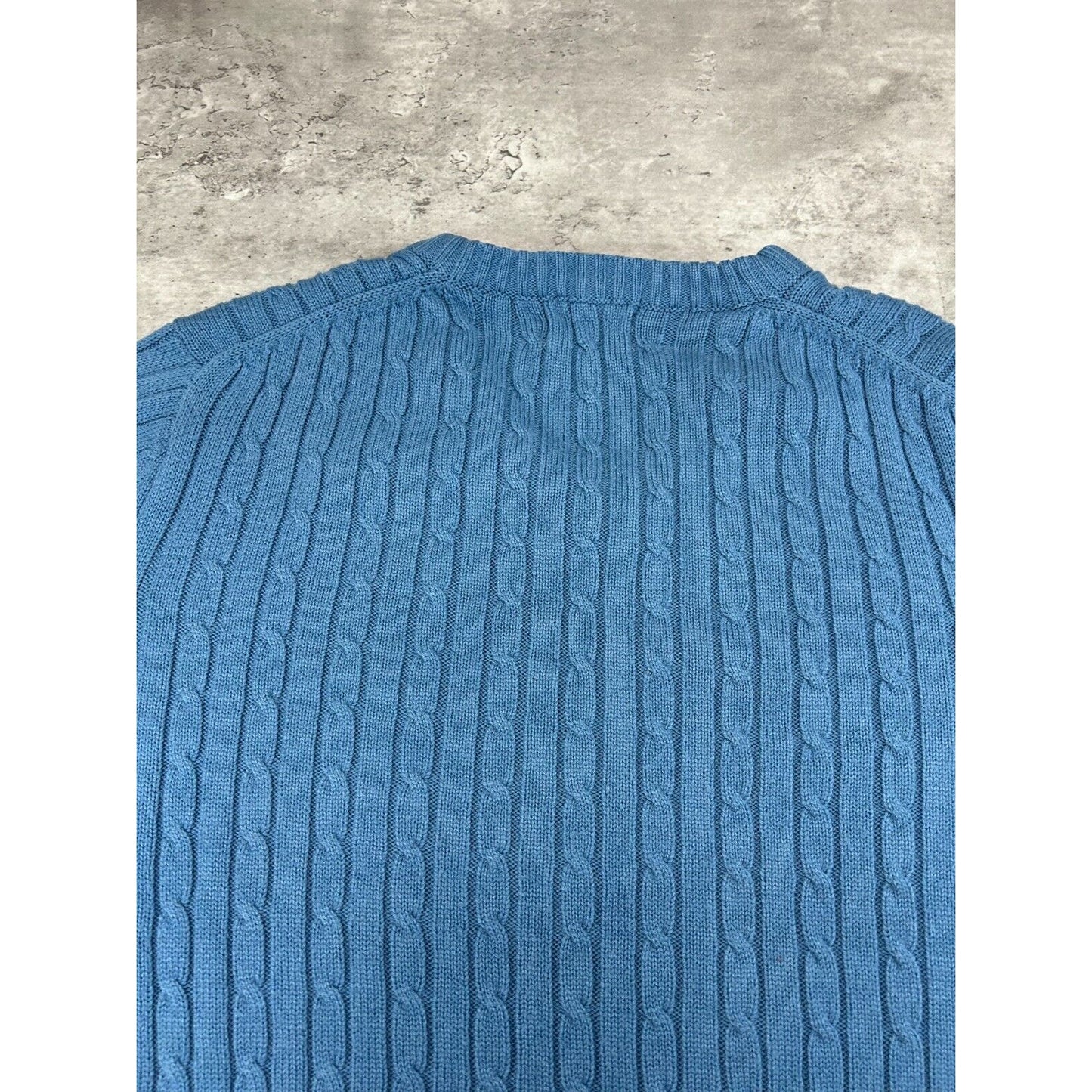 Vintage 1970s Sears V Neck Pull Over Cable Knit Sweater Size Large Blue
