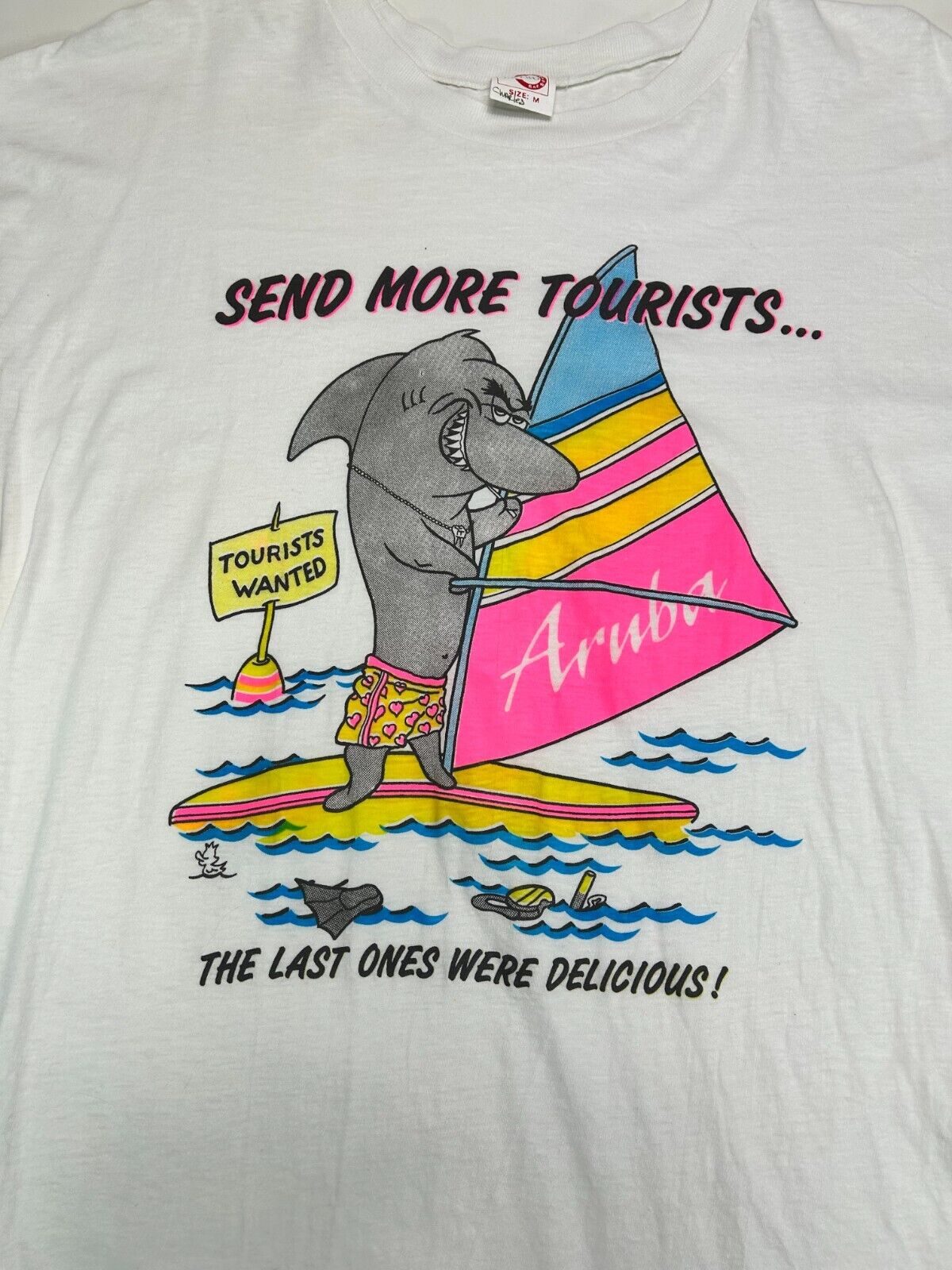 Vintage 90s Aruba Send More Tourists Shark Comedy Graphic T-Shirt Size Medium
