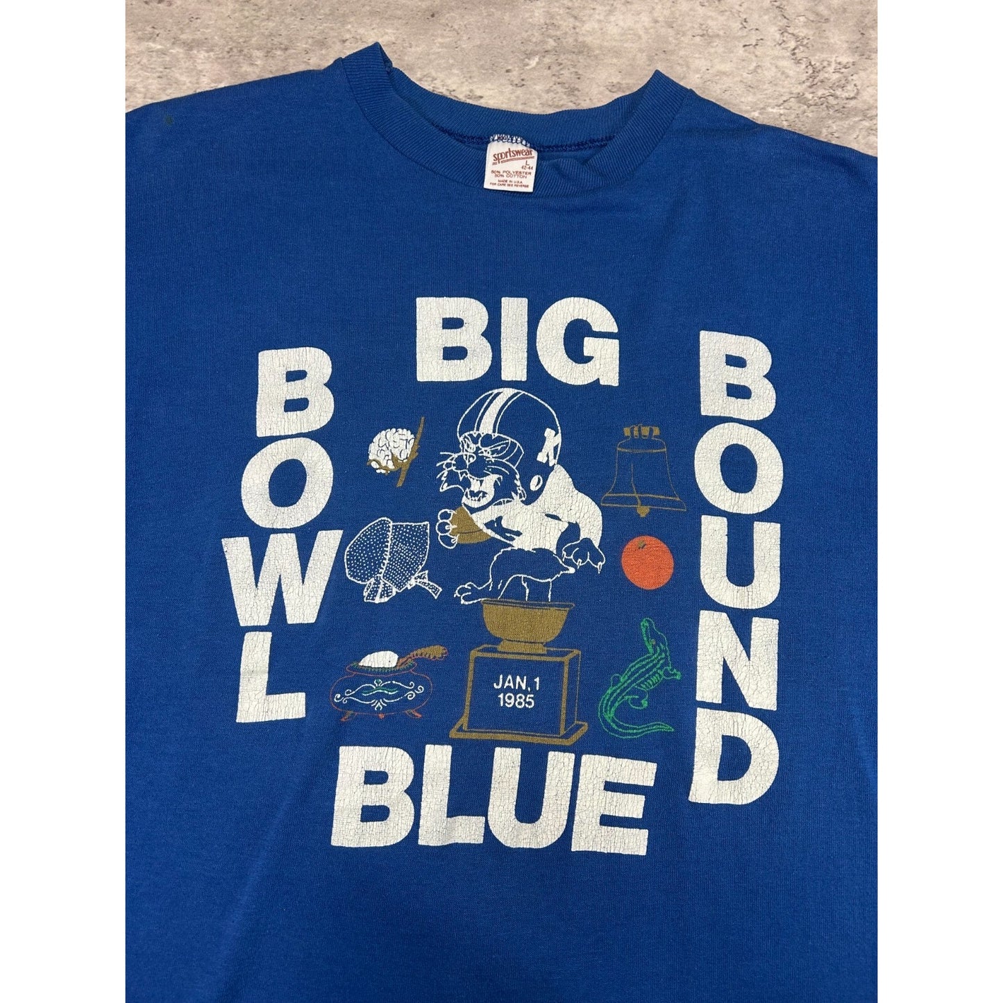 Vintage 1985 Kentucky Wildcats NCAA Bowl Bound Football T-Shirt Size Large Blue
