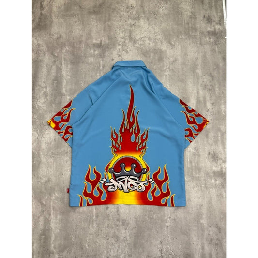 Vintage JNCO Jeans Flame Print Short Sleeve Button Up Shirt Size XL