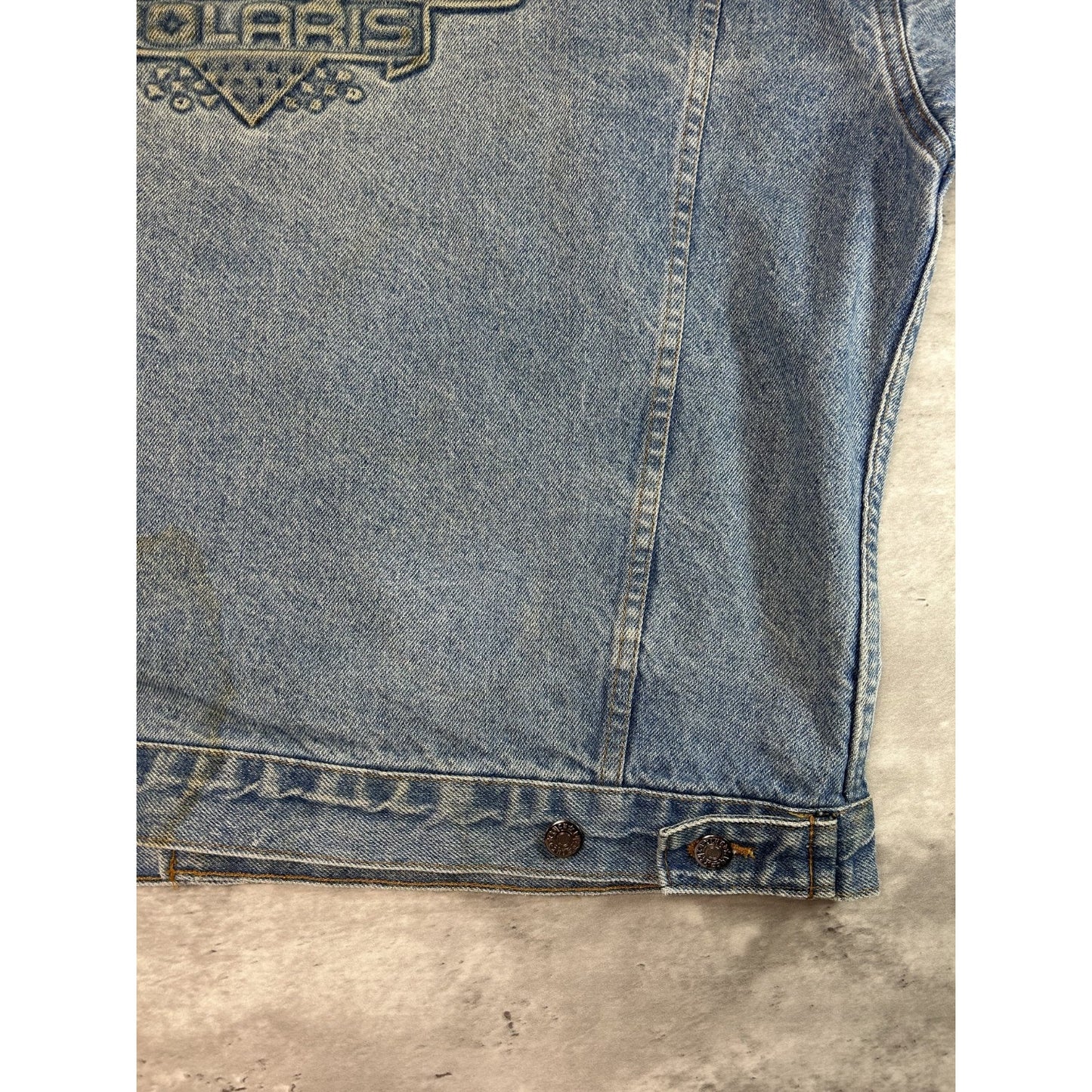 Vintage 90s Pro Polaris Embroidered Spellout Light Wash Denim Jacket Size XL