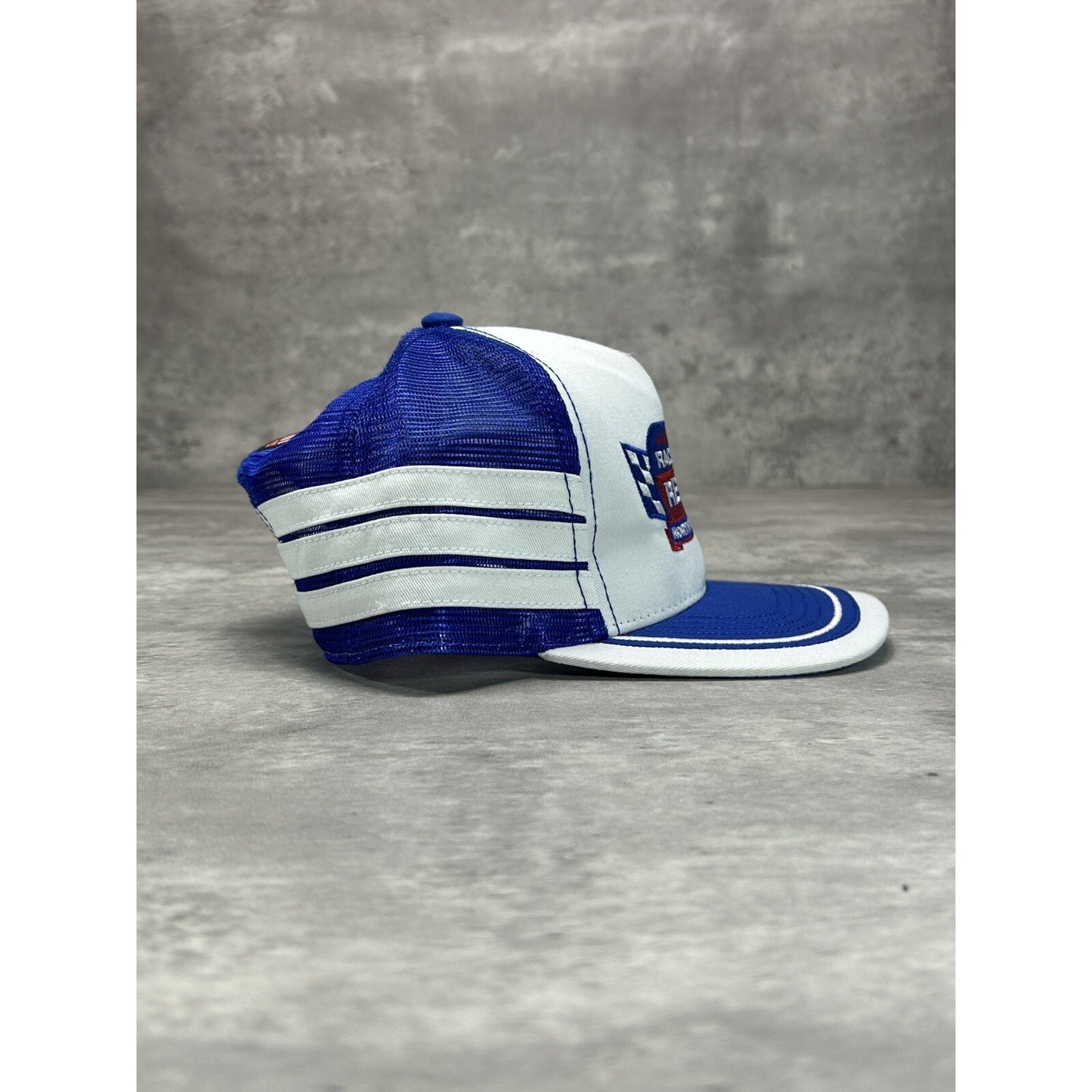 Vintage 90s Racetrack Revival Embroidered Three Stripe Trucker Snapback Hat OSFA