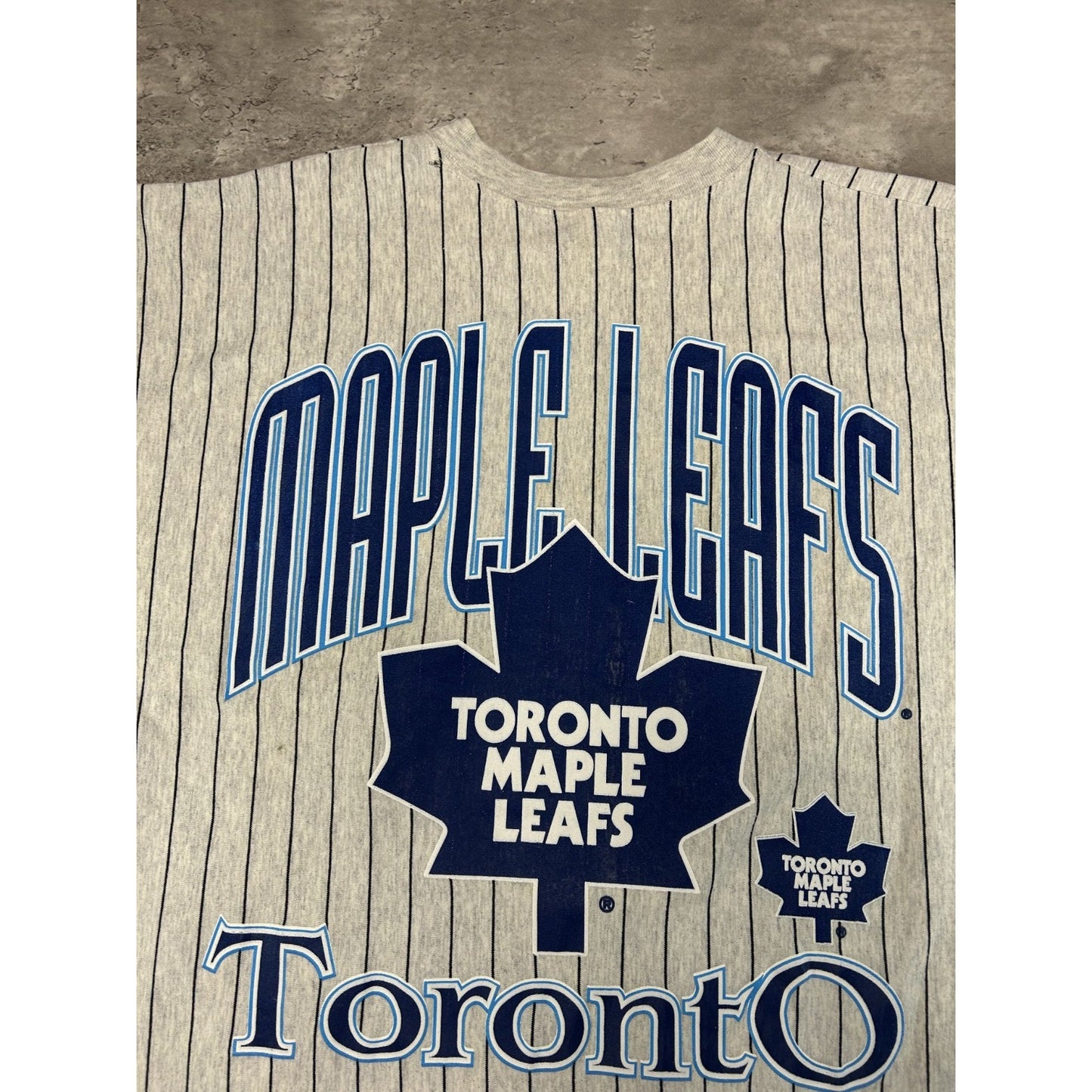 VTG 90s Toronto Maple Leafs NHL Pinstripe All Over Print 3/4 Sleeve T-Shirt Lg