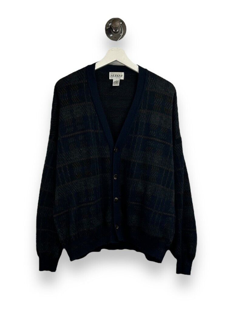 Vintage 90s Alfani Checkered Pattern Button Up Cardigan Knit Sweater Size Large