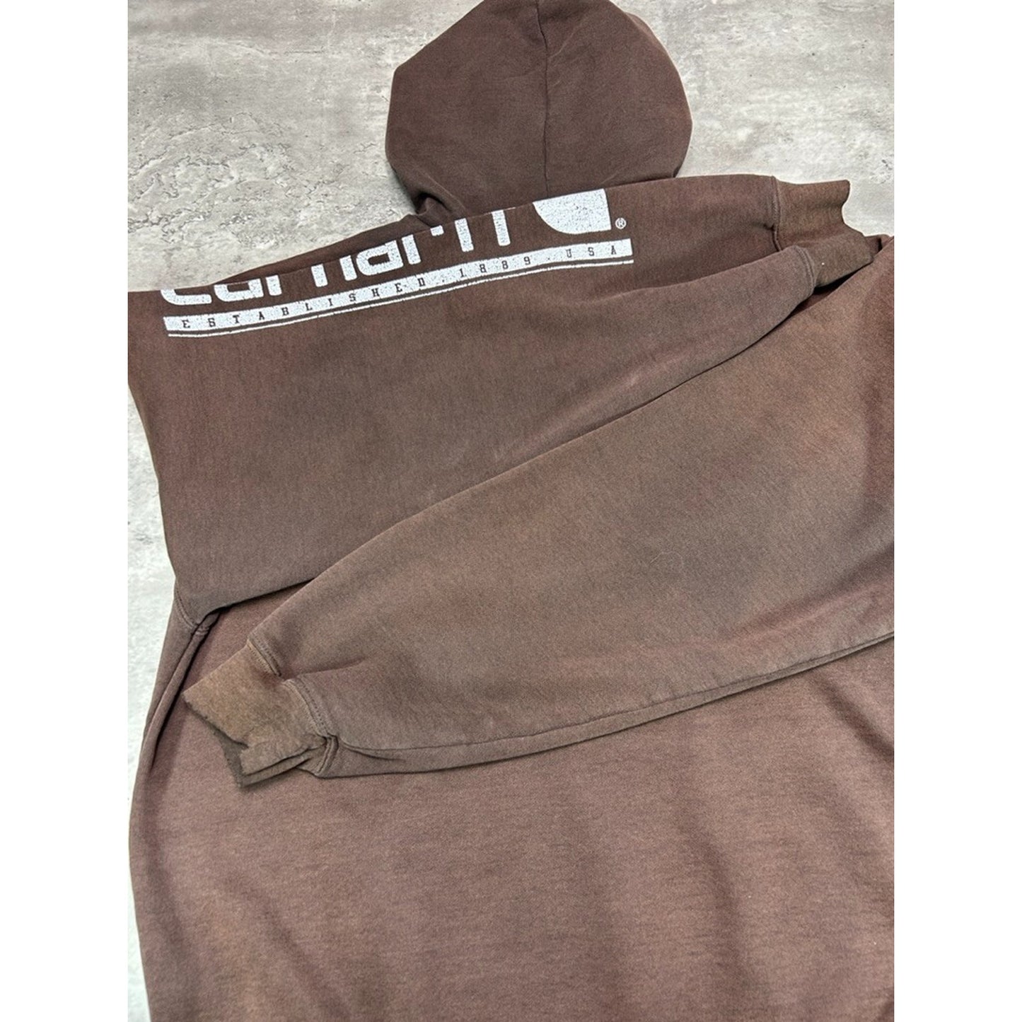 Vintage Carhartt Sleeve Spellout Workwear Hooded Sweatshirt Size Large Brown