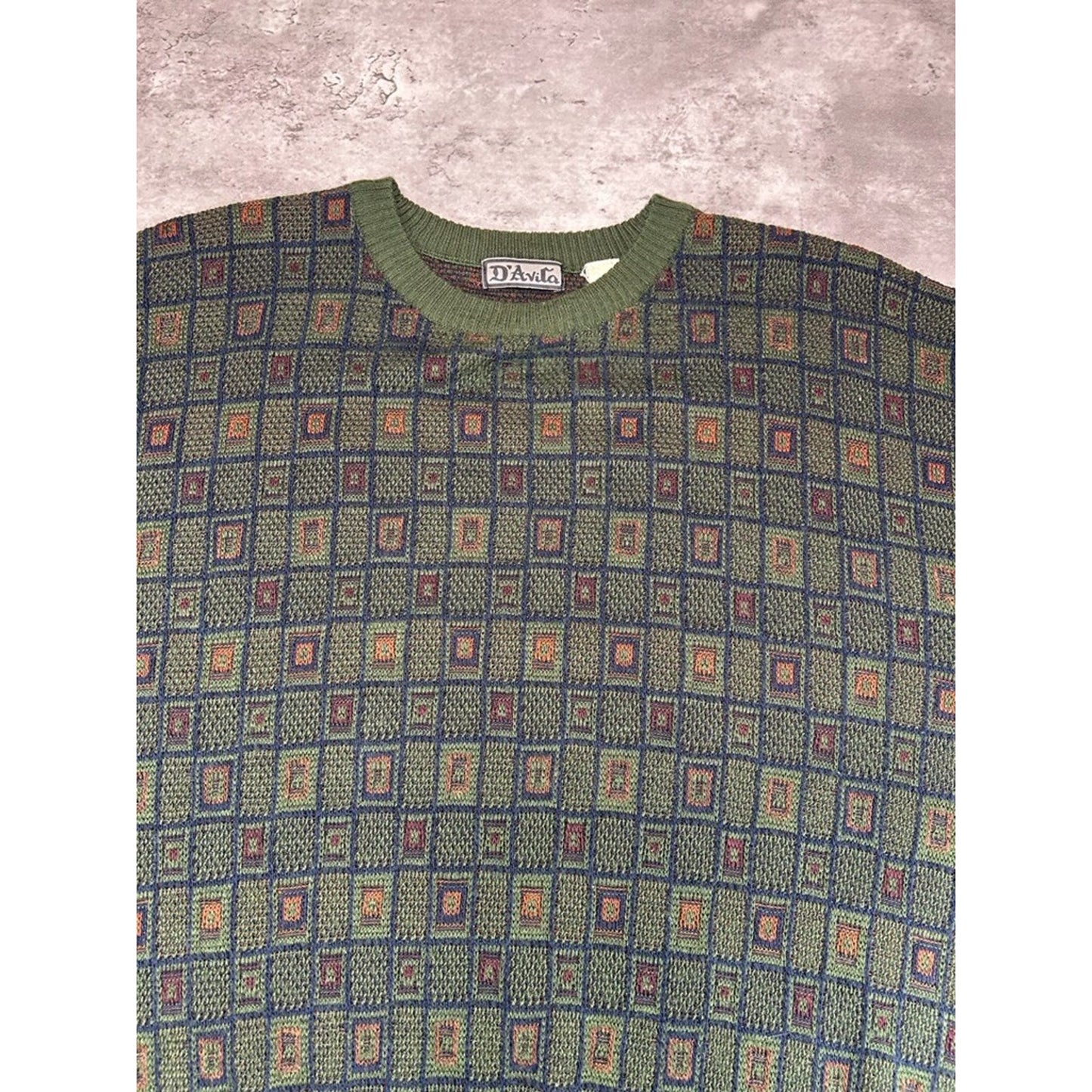 Vintage 90s D'Avila Abstract Checkered Pattern Pullover Knit Sweater Size XL