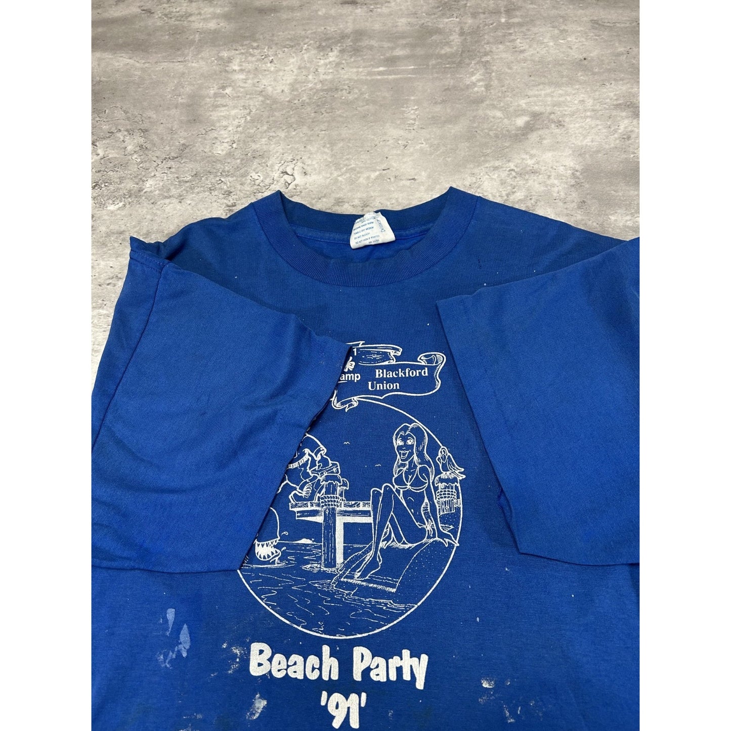 Vintage 1991 Beach Party Cartoon Graphic Distressed T-Shirt Size XL Blue