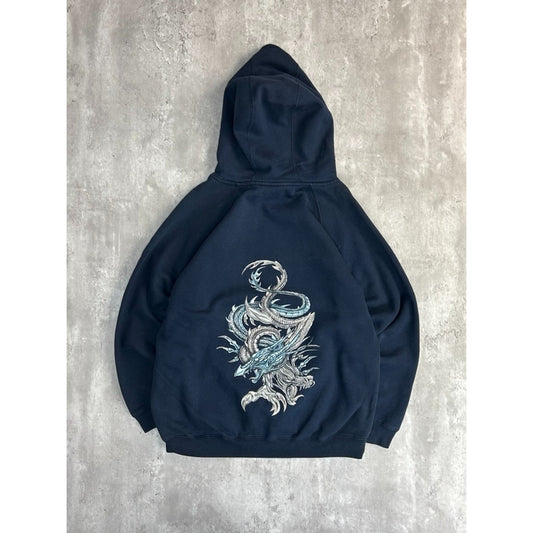 Vintage Y2K Dragon Graphic Pullover Hooded Sweatshirt Size Medium Blue