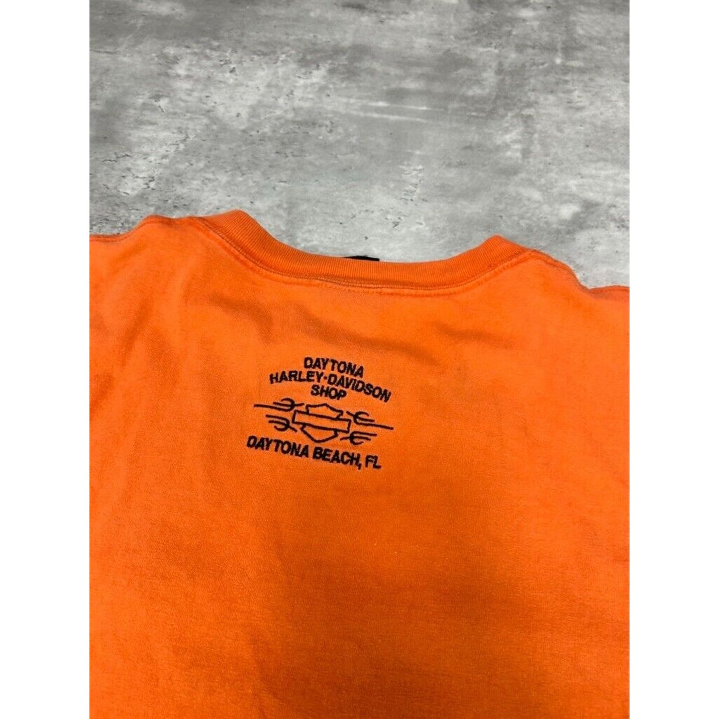 Vintage Harley Davidson Embroidered Spell Out Distressed T-Shirt Size XXL Orange