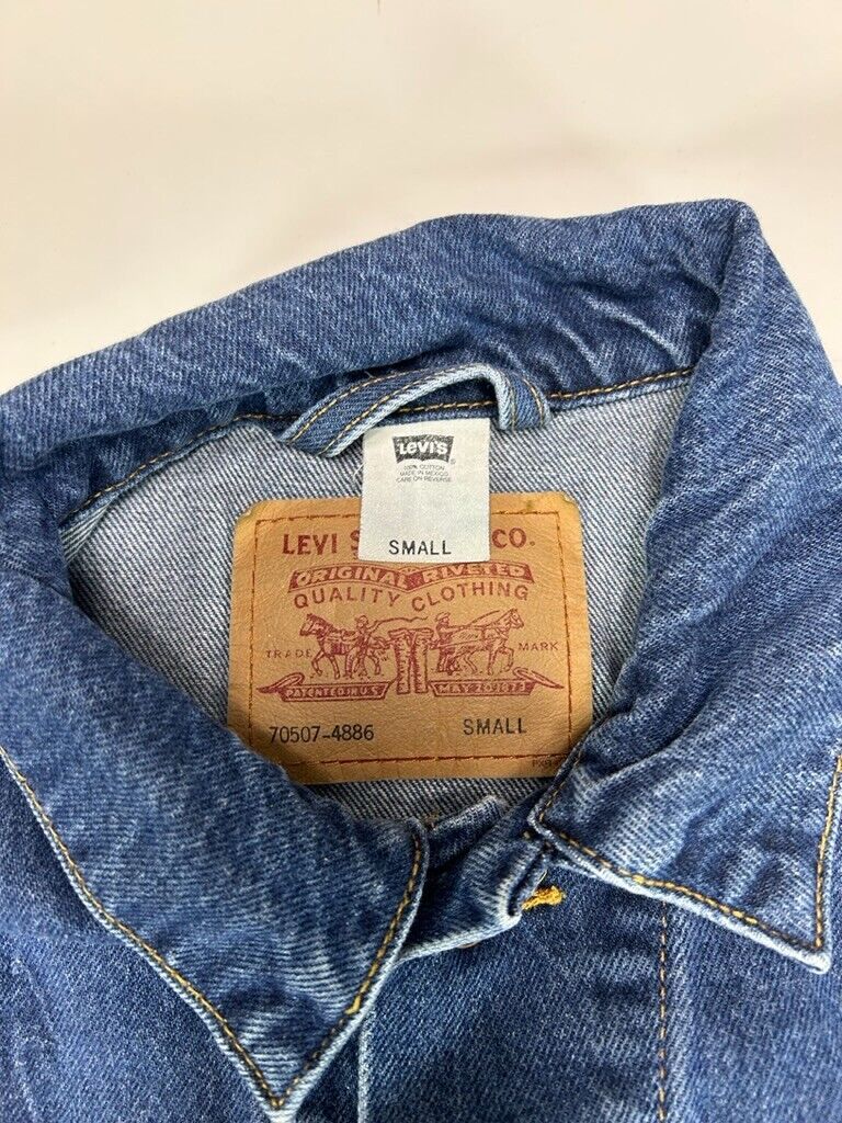 Vintage 90s Levis Red Tab Dark Wash Denim Type 3 Trucker Jacket Size Small Blue