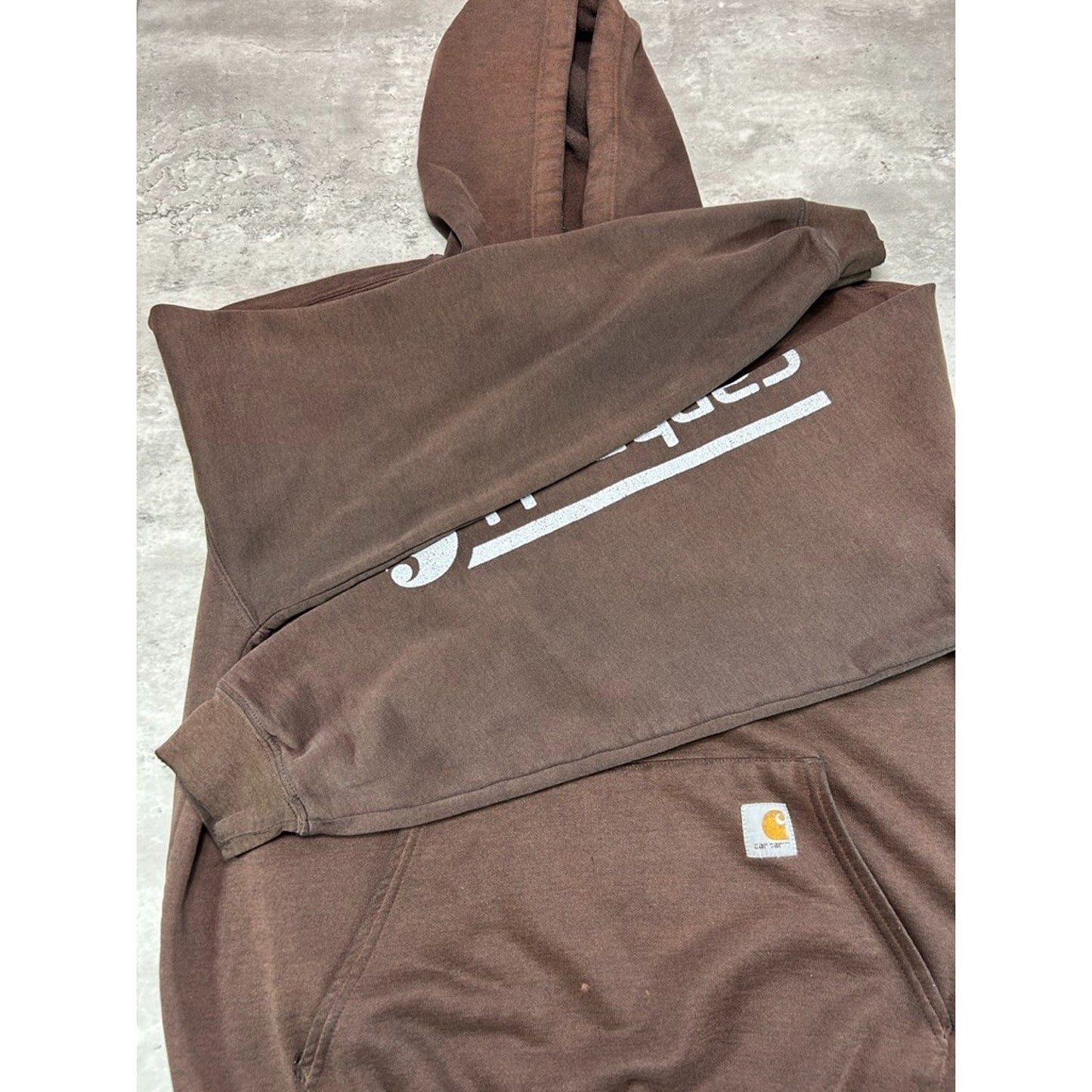Vintage Carhartt Sleeve Spellout Workwear Hooded Sweatshirt Size Large Brown