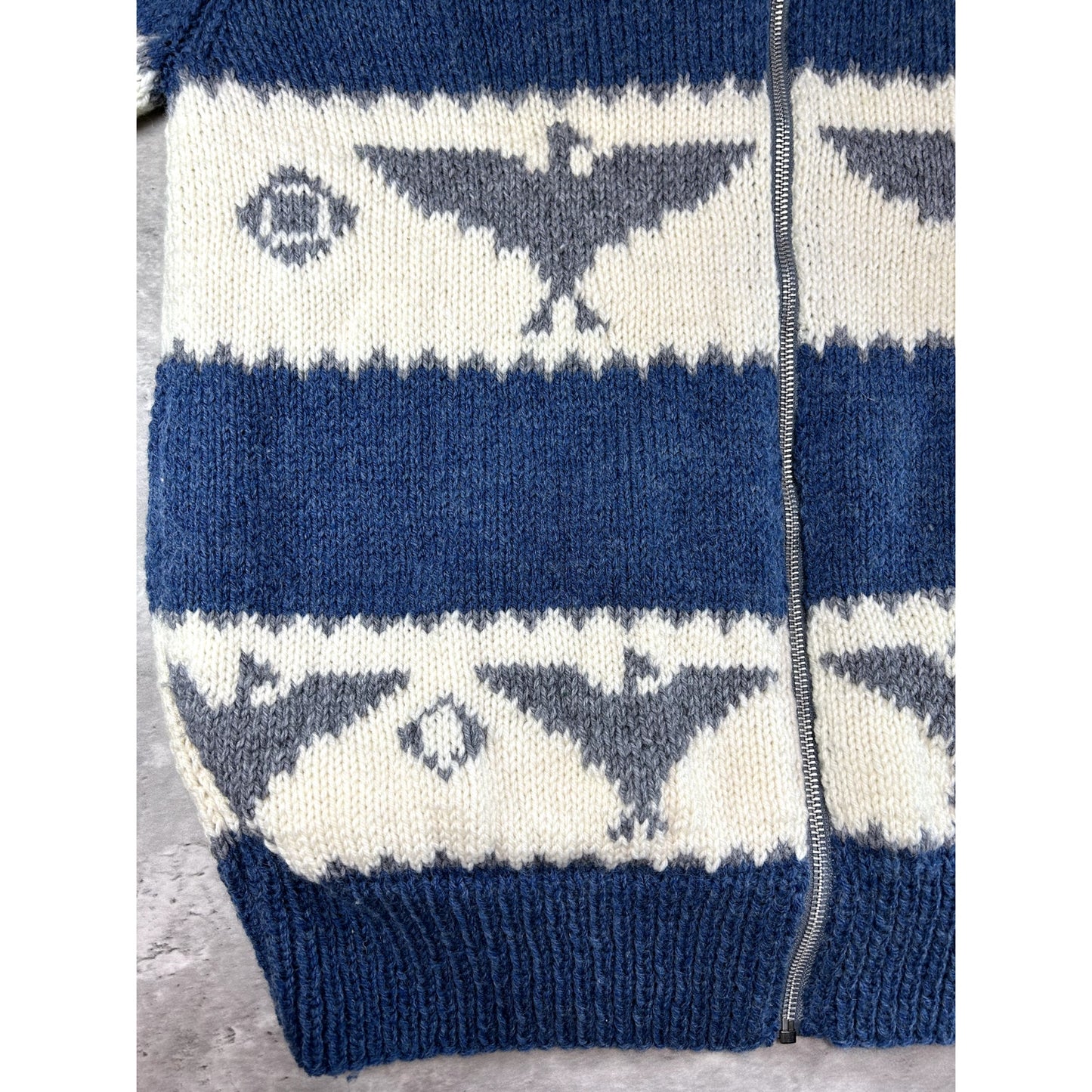 Vintage 80s Bird Print Striped Full Zip Collared Knit Sweater Size Large