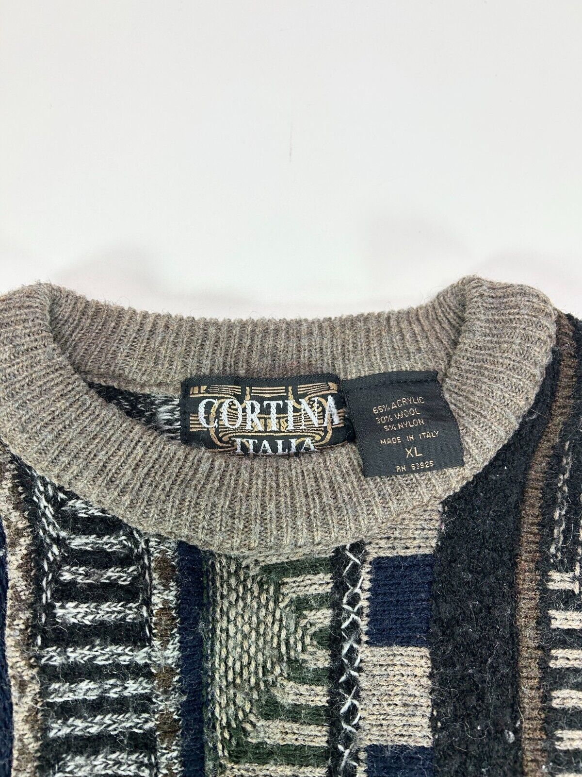 Vintage 90s Cortina Itali Abstract Stripe Pattern Ribbed Knit Sweater Size XL