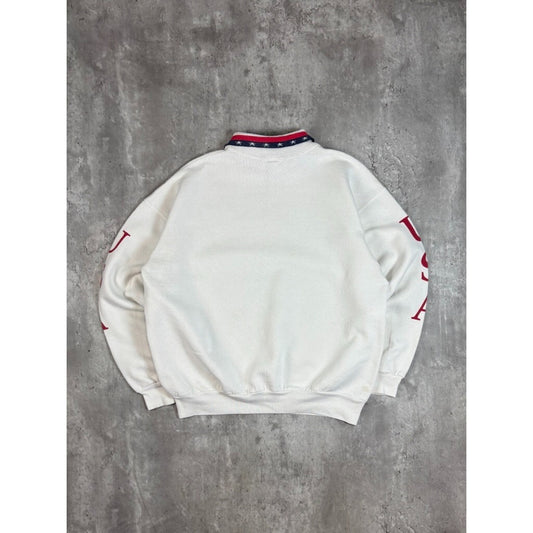 Vintage 90s USA American Flag Graphic Spellout Collared Sweatshirt Size Large