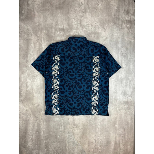 Vintage Y2K Tribal All Over Print Short Sleeve Button Up Shirt Size XL Blue