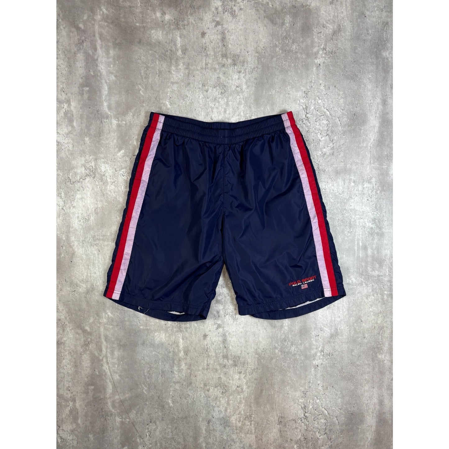 Vintage 90s Polo Ralph Lauren Embroidered Spellout Nylon Shorts Size Large Blue