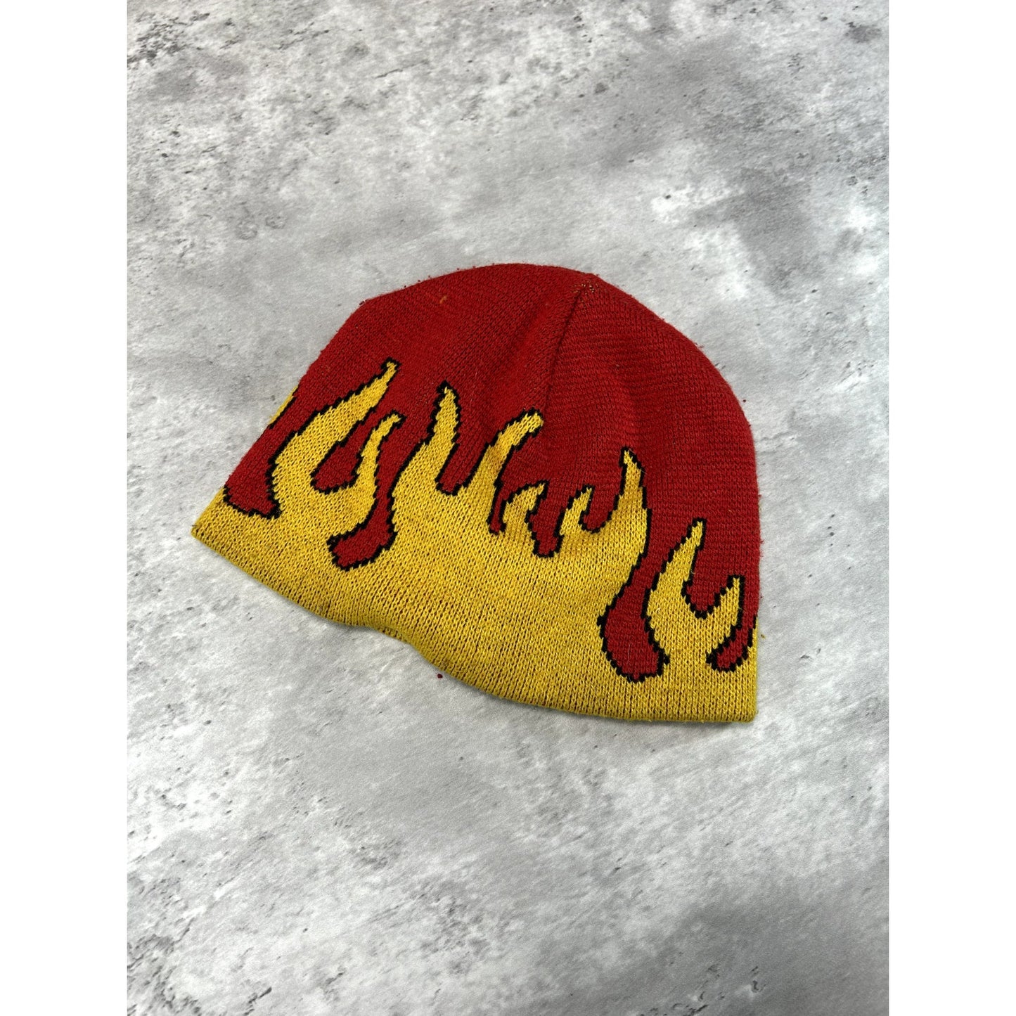 Vintage Y2K 2000s Flame Graphic Two Tone Beanie Hat OSFA Yellow/Red