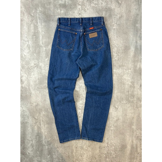 Vintage 90s Wrangler Leather Patch Dark Wash Denim Pants Size 29 Blue