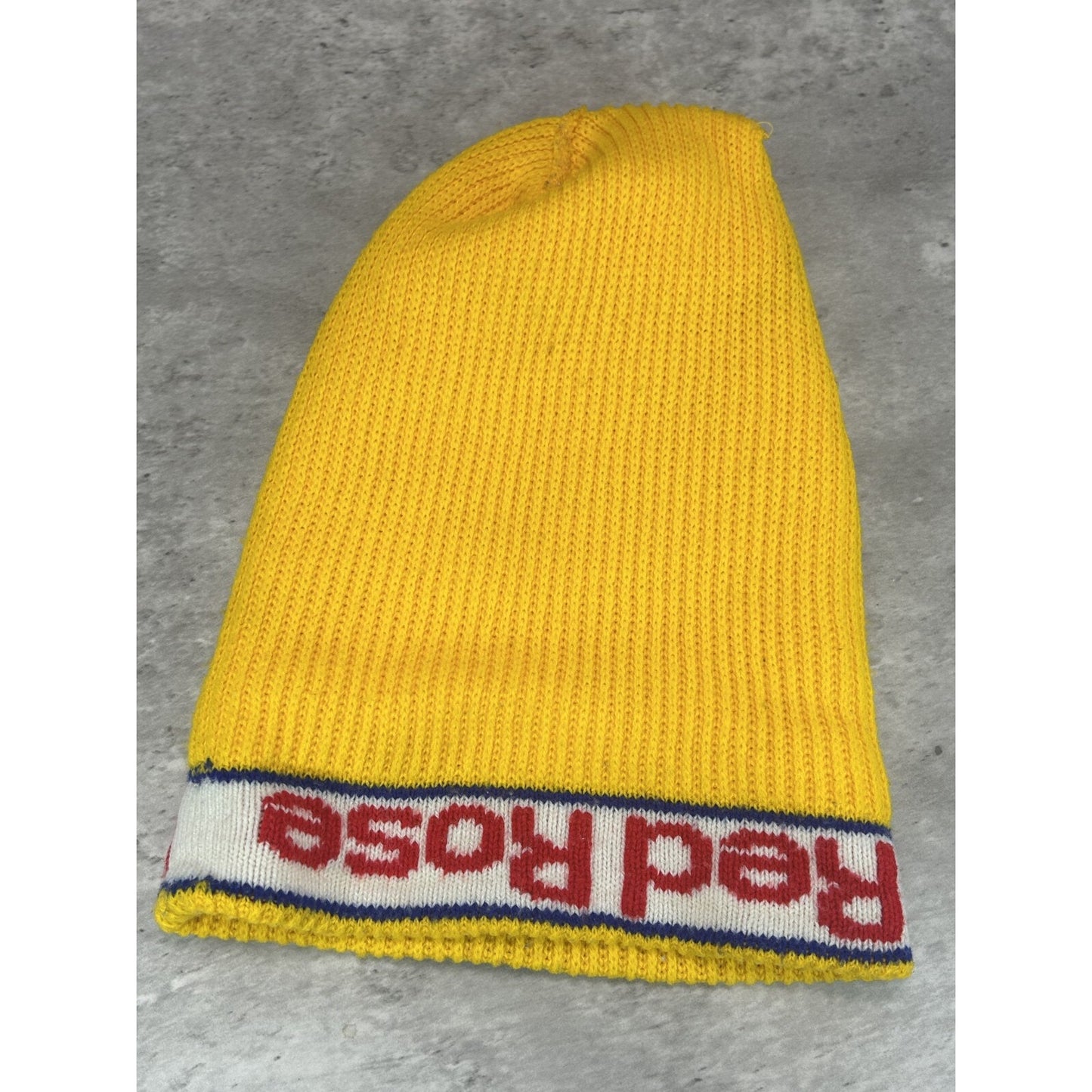 Vintage 1980s Red Rose Graphic Spellout Striped Beanie Hat OSFA Yellow