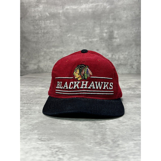 Vintage 90s Chicago Blackhawks NHL Embroidered Corduroy Snapback Hat OSFA