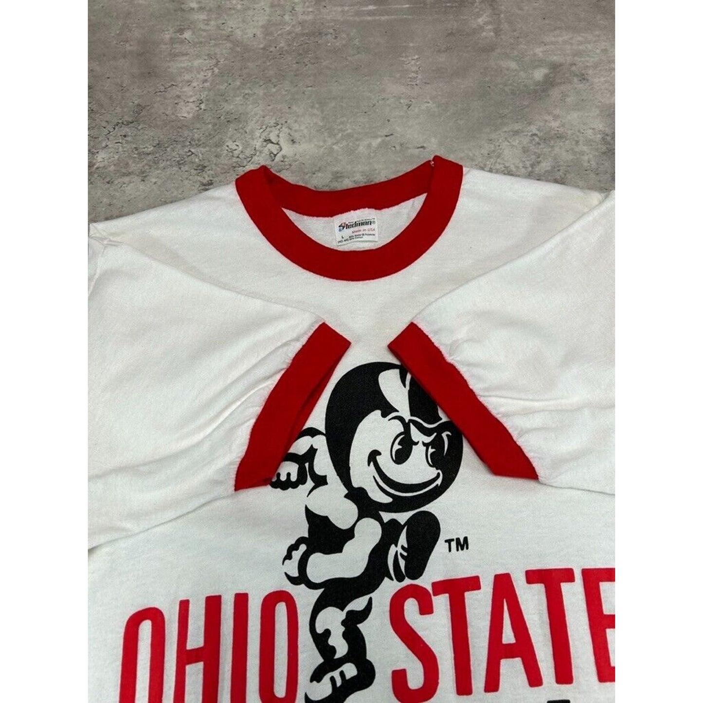Vintage 1980s Ohio State Buckeyes NCAA Mascot Graphic Ringer T-Shirt Size Large