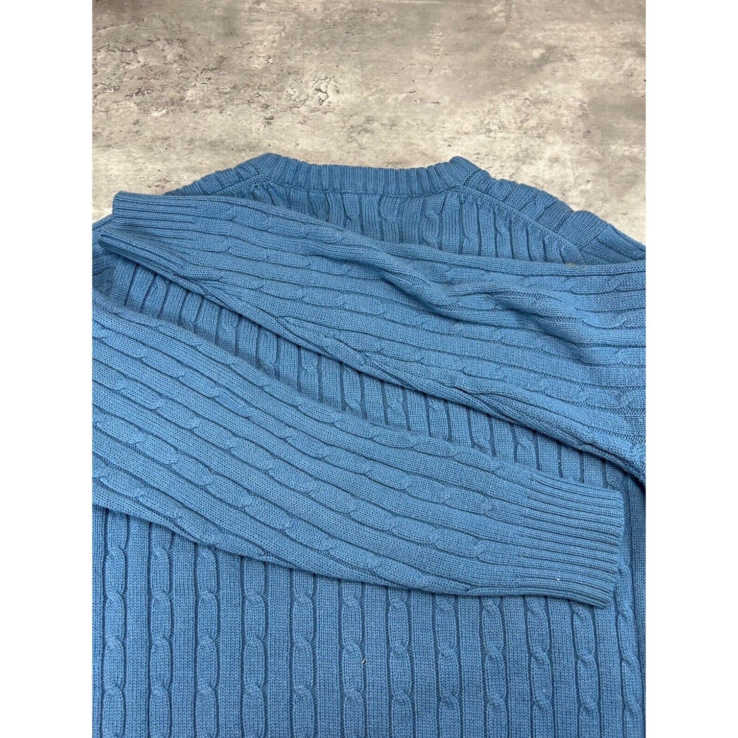 Vintage 1970s Sears V Neck Pull Over Cable Knit Sweater Size Large Blue