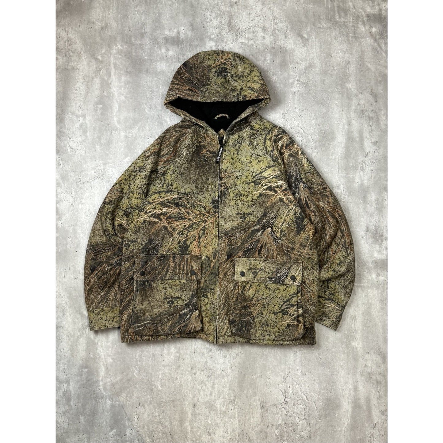 Vintage Mossy Oak Brush Tree Camo Full Zip Hooded Hunting Jacket Size Medium
