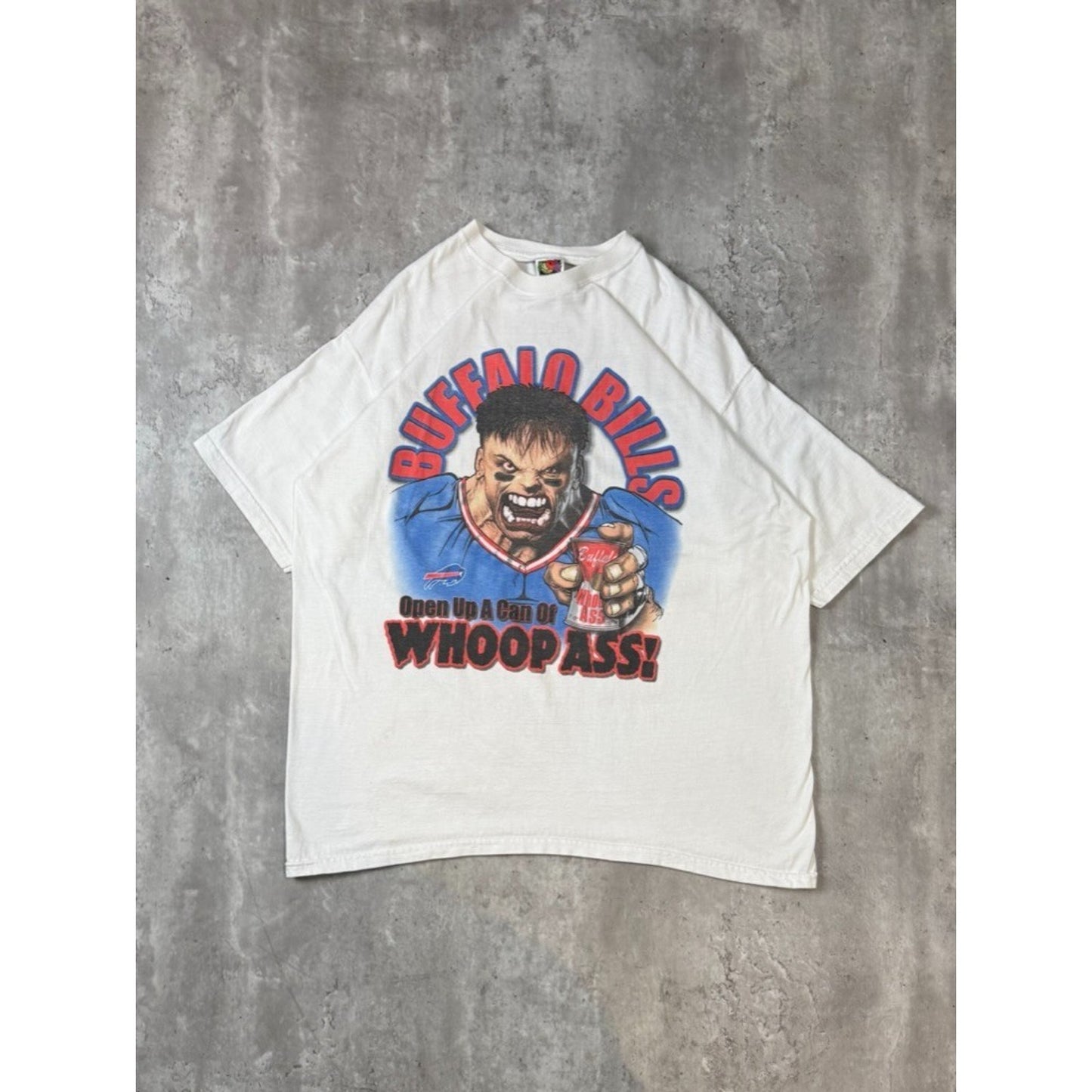 Vintage 90s Buffalo Bills NFL Open Up A Can Of Whoop Ass Cartoon T-Shirt Size XL
