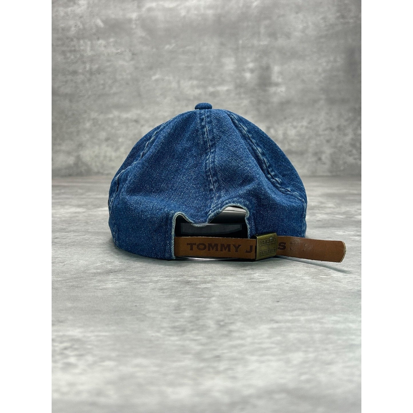 Vintage 90s Tommy Jeans Dark Wash Denim Embroidered Patch Strapback Hat OSFA