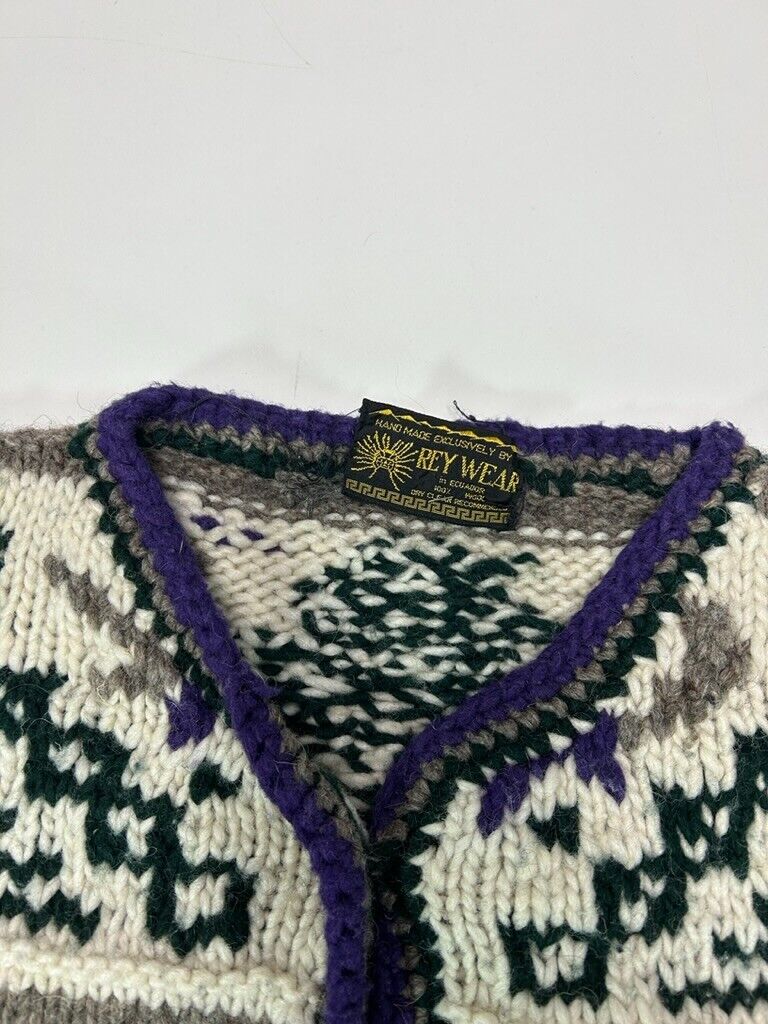 Vintage 80s Rey Wear Abstract Print 100% Wool Pocketed Cardigan Sweater Size Large
