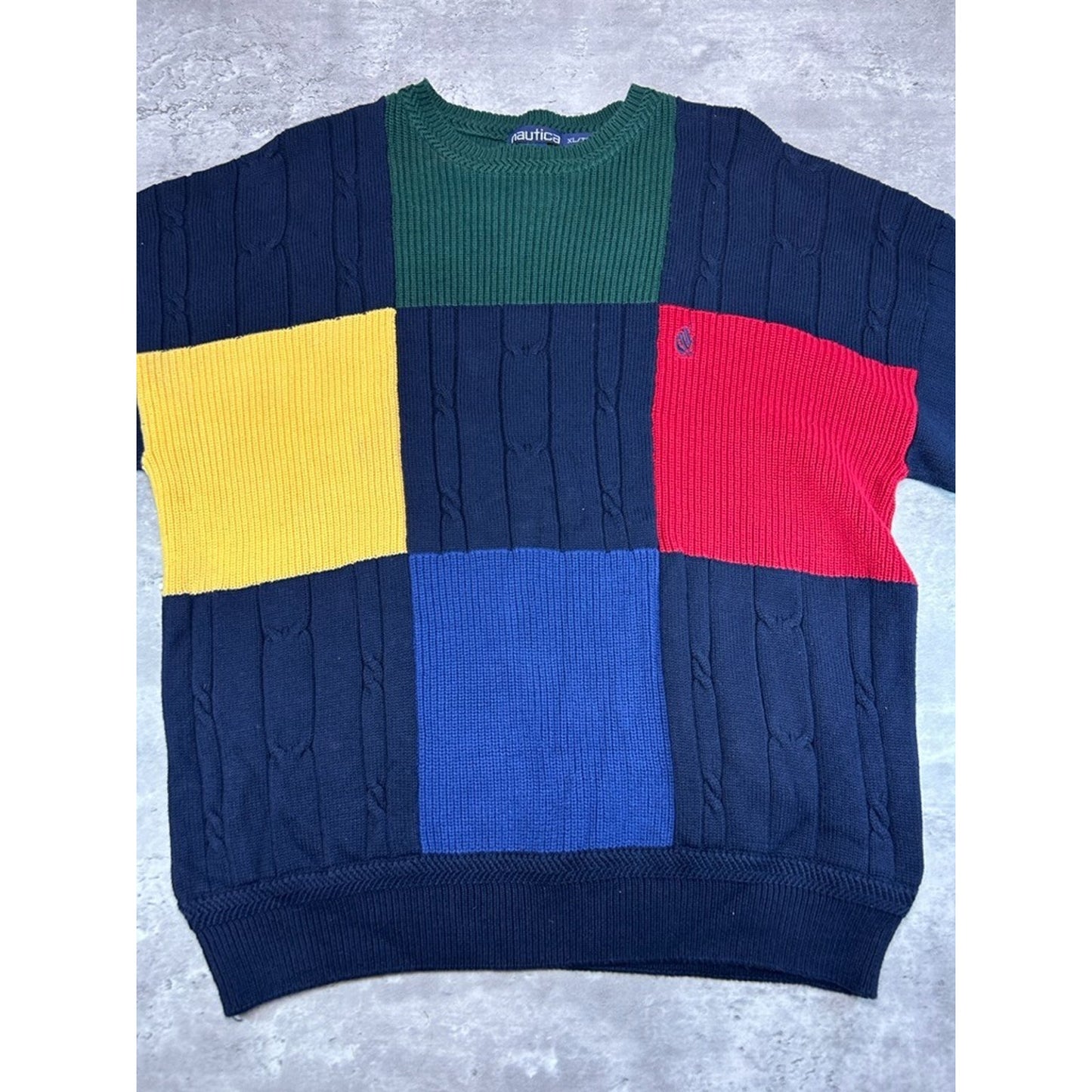 Vintage Nautica Embroidered Crest Panelled Ribbed Knit Sweater Size XL
