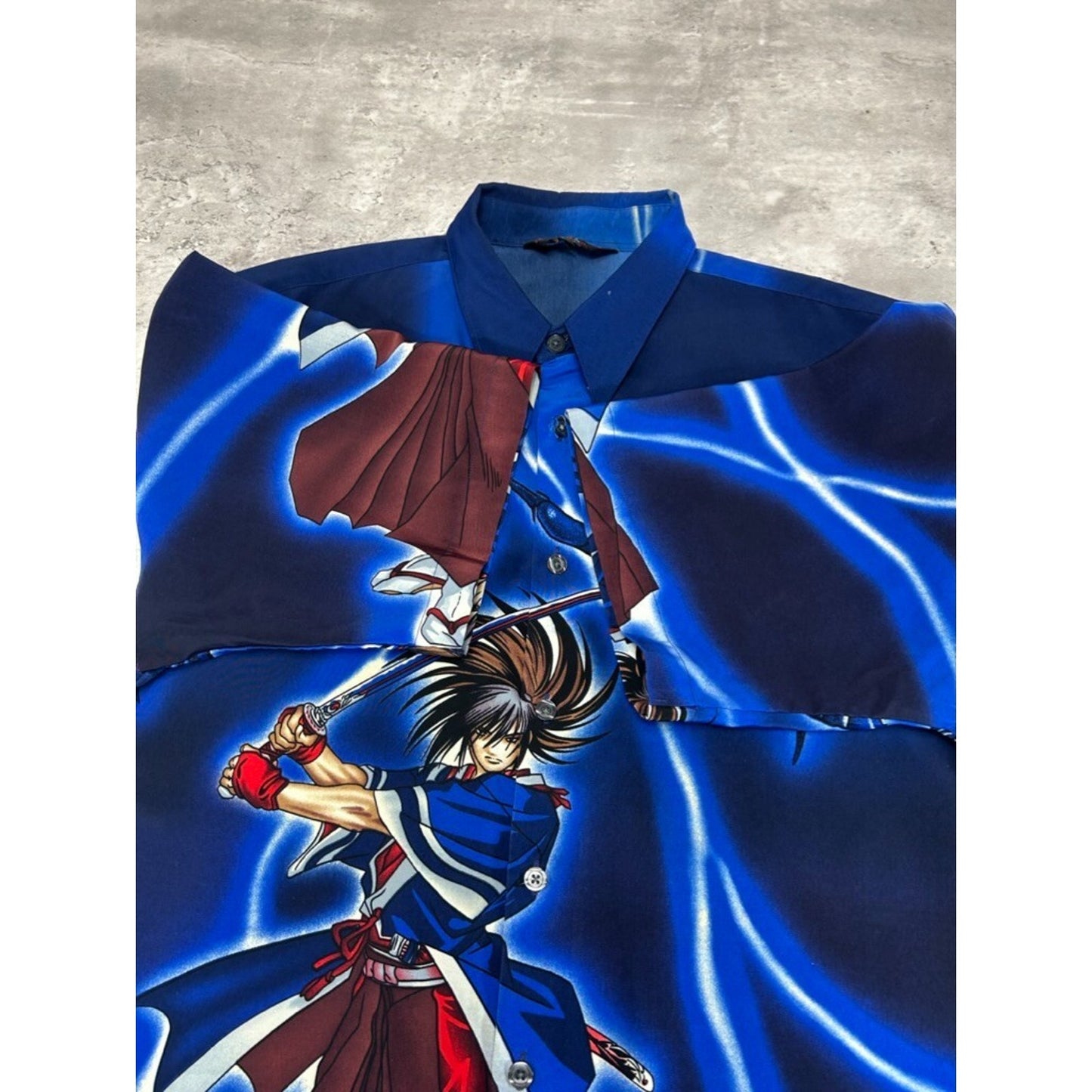 Vintage Y2K Anime Samurai All Over Print Short Sleeve Button Up Shirt Size Large