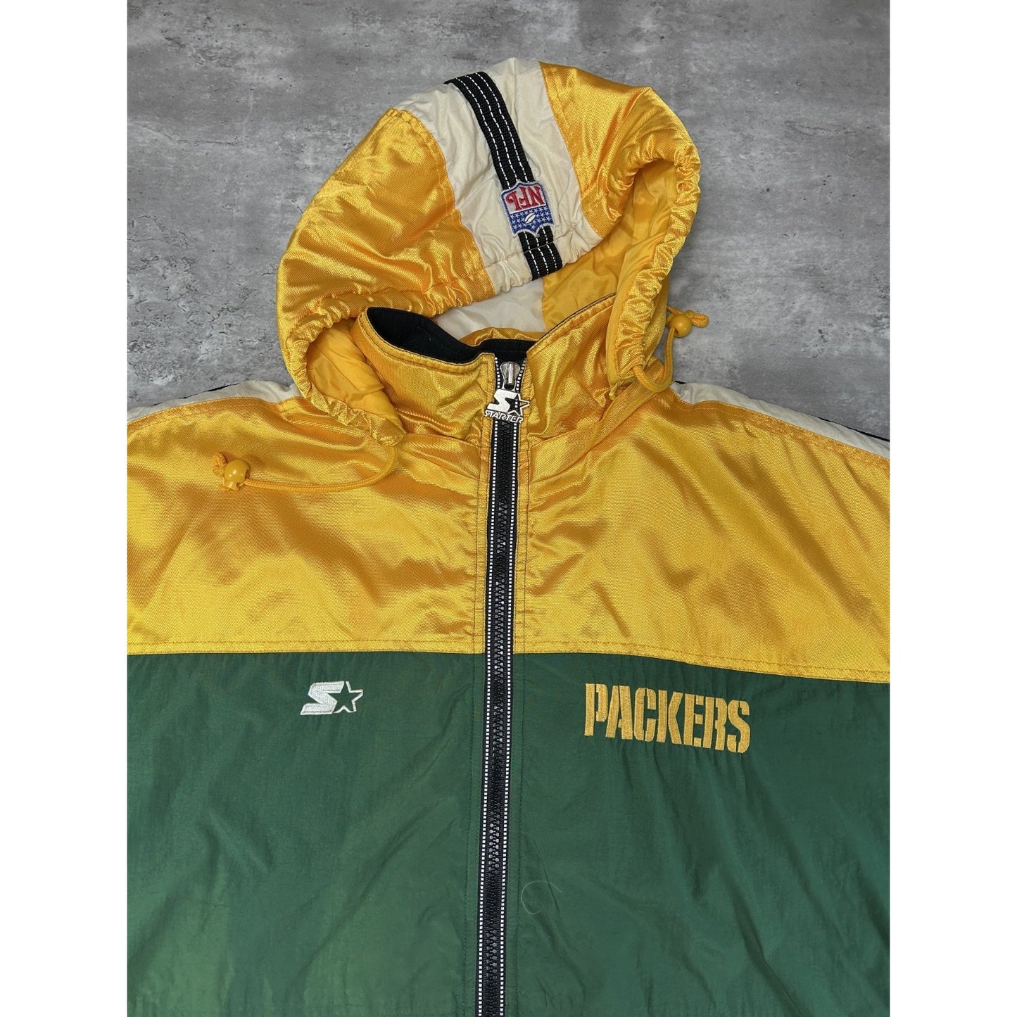 Vintage 90s Green Bay Packers NFL Insulated Starter Full Zip Hooded Jacket Large