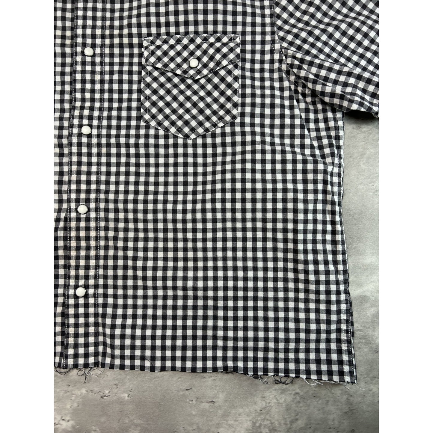 Vintage Chaps Denim Plaid Pearl Snap Short Sleeve Cropped Button Up Shirt Large