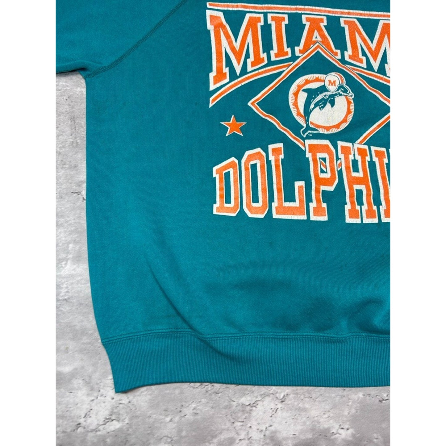 Vintage 90s Miami Dolphins NFL Big Graphic Spellout Sweatshirt Size XL Teal