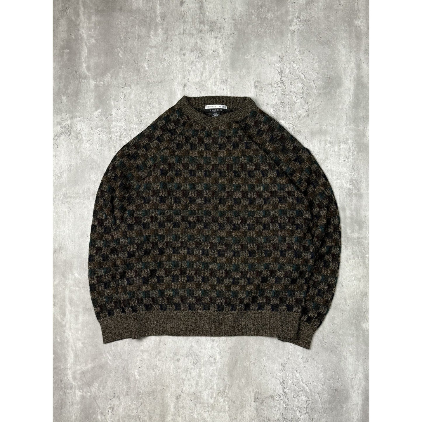 Vintage 90s Geoffrey Beene Checkered Print Earth Tone Knit Sweater Size Large