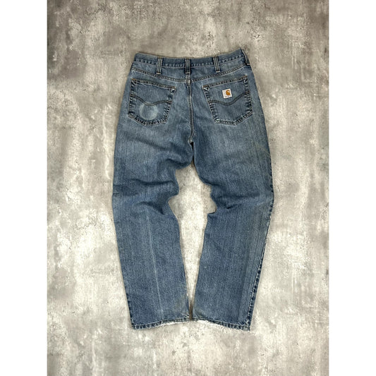 Carhartt Relaxed Fit Medium Wash Denim Distressed Workwear Pants Size 35