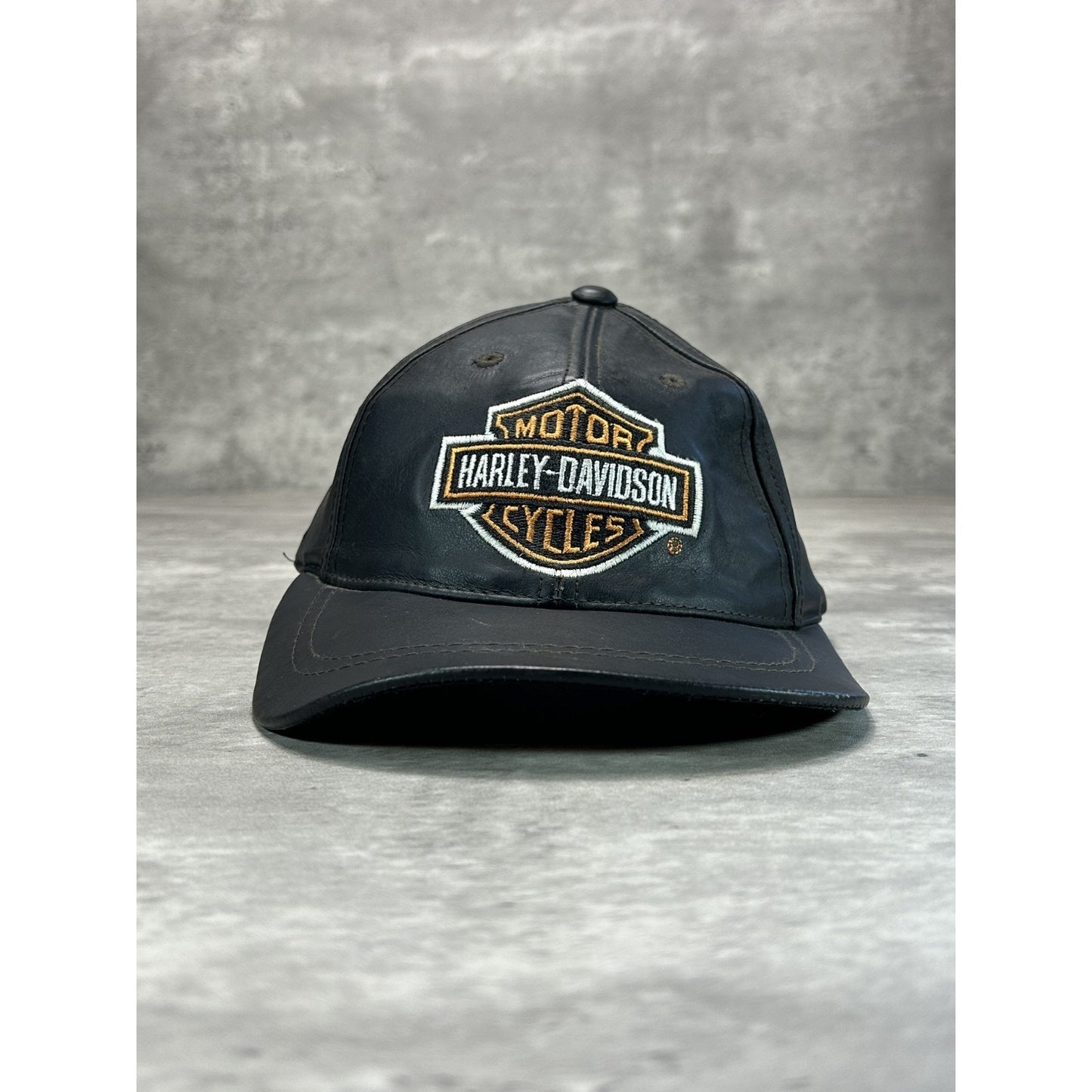 Vintage Harley Davidson Motorcycles Embroidered Logo Leather Snapback Hat OSFA