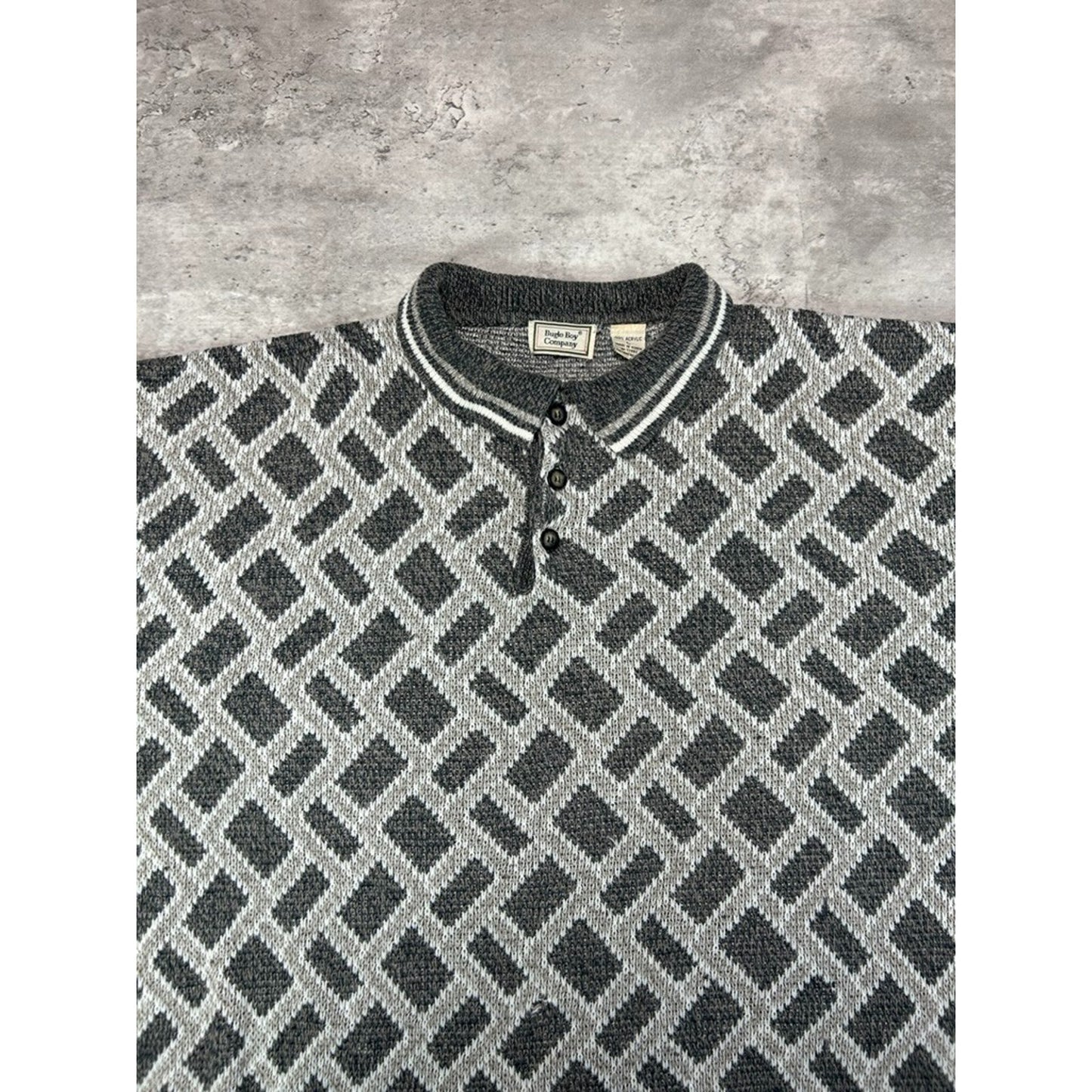 Vintage 90s Bugle Boys Abstract Print 1/4 Button Knit Sweater Size Large Gray