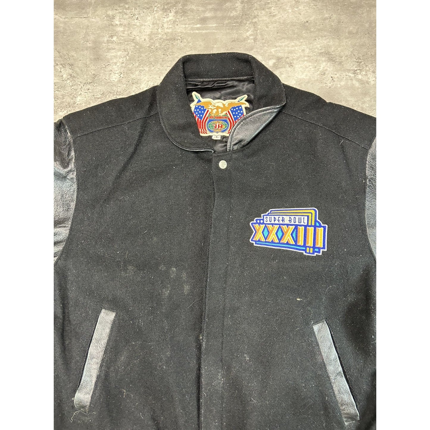 Vintage 1999 Broncos Vs Falcons NFL Super Bowl Varsity Jeff Hamilton Jacket Sz L