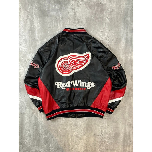 Vintage Detroit Red Wings NHL Embroidered Logo Pleather Jacket Size Large