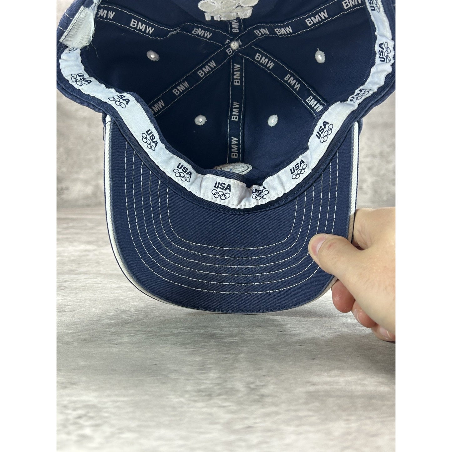 Vintage BMW Embroidered Logo Two Tone Strapback Hat OSFA Navy Blue/White