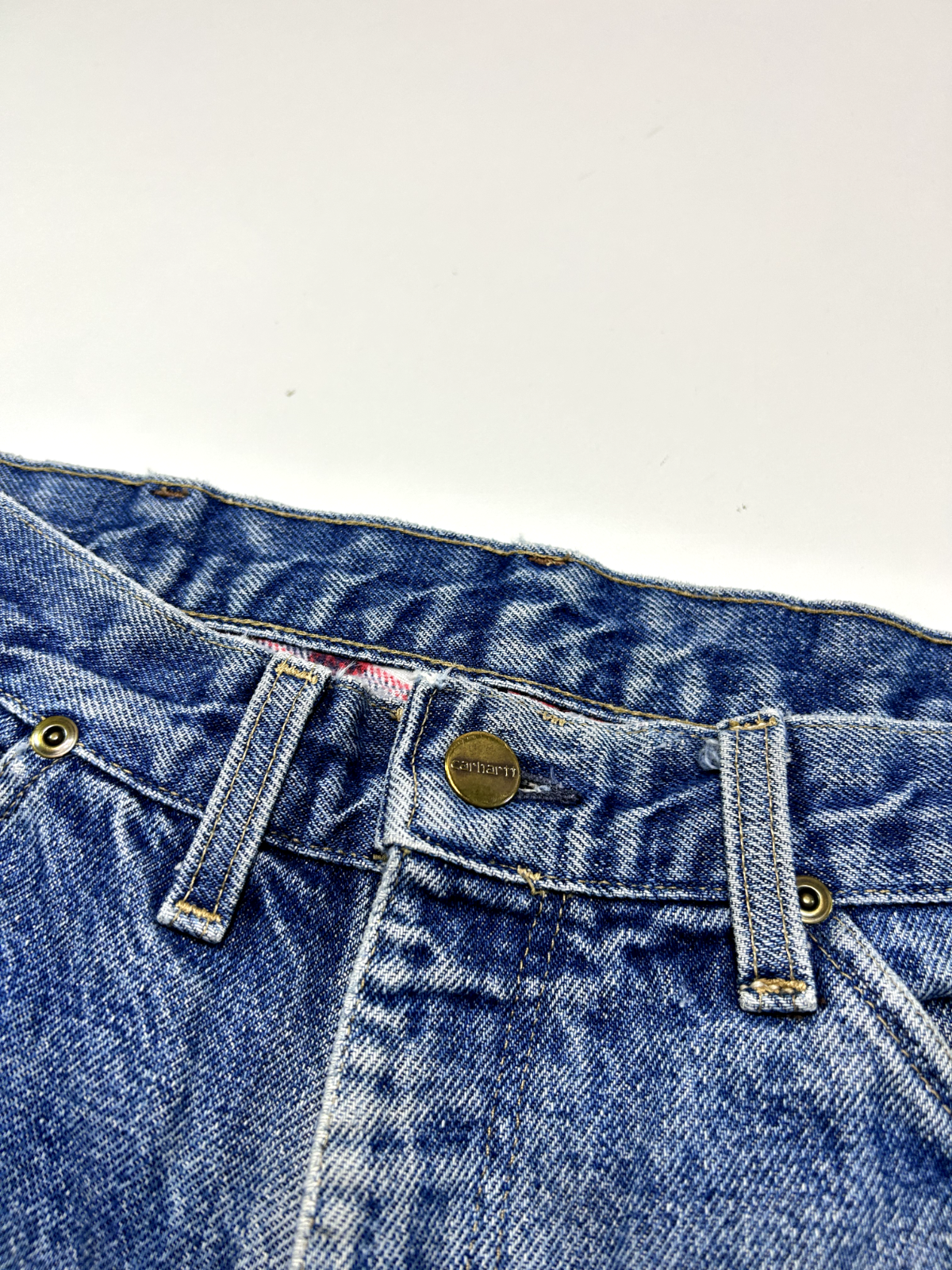 Vintage Carhartt Plaid Lined Dark Wash Denim Work Wear Pants Size 34W Blue