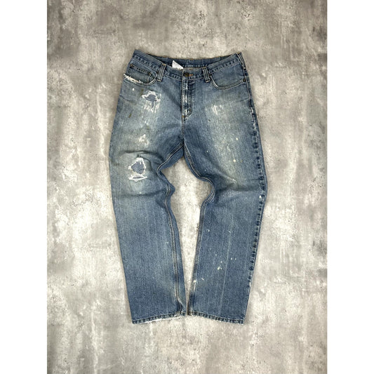 Carhartt Relaxed Fit Medium Wash Denim Distressed Workwear Pants Size 35