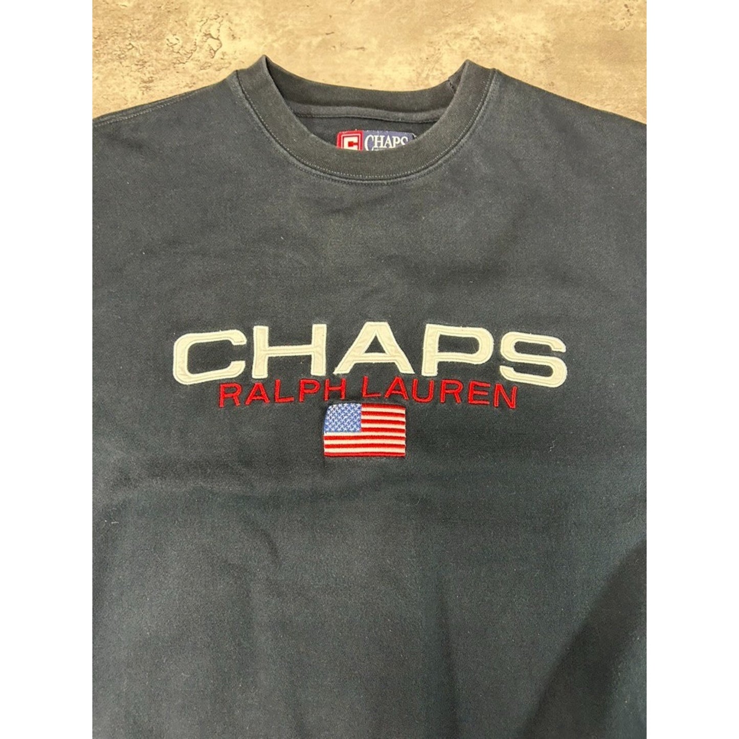 Vintage Chaps Ralph Lauren Embroidered Flag Spellout Sweatshirt Size Large