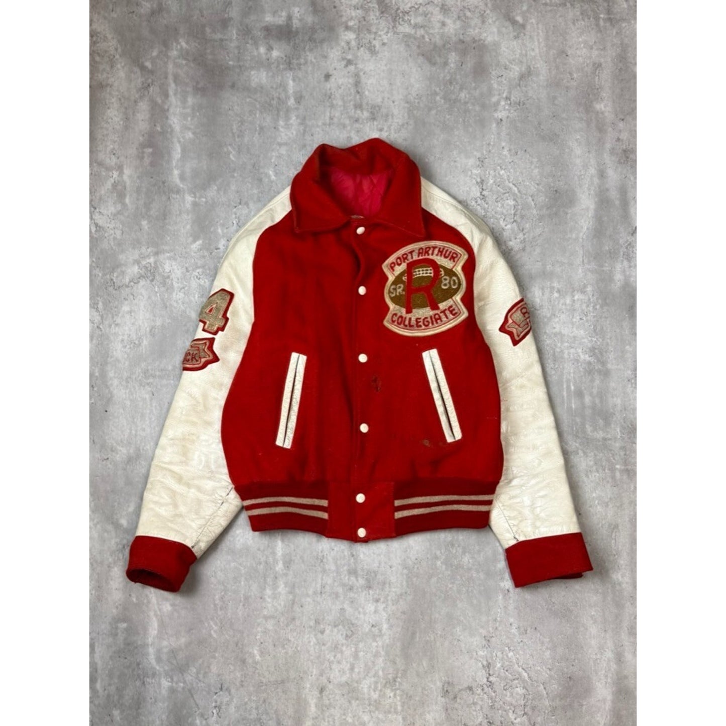 Vintage 1980s Saint Arthur Collegiate Embroidered Patch Varsity Jacket Size XL